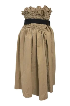 Khaki shirred cotton-blend gabardine midi circle skirt