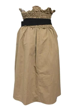 Khaki shirred cotton-blend gabardine midi circle skirt