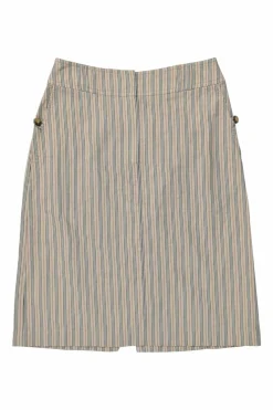 Khaki striped cotton A-line knee-length skirt with slit back