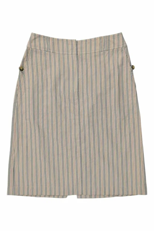 Khaki striped cotton A-line knee-length skirt with slit back
