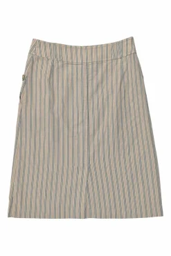 Khaki striped cotton A-line knee-length skirt with slit back