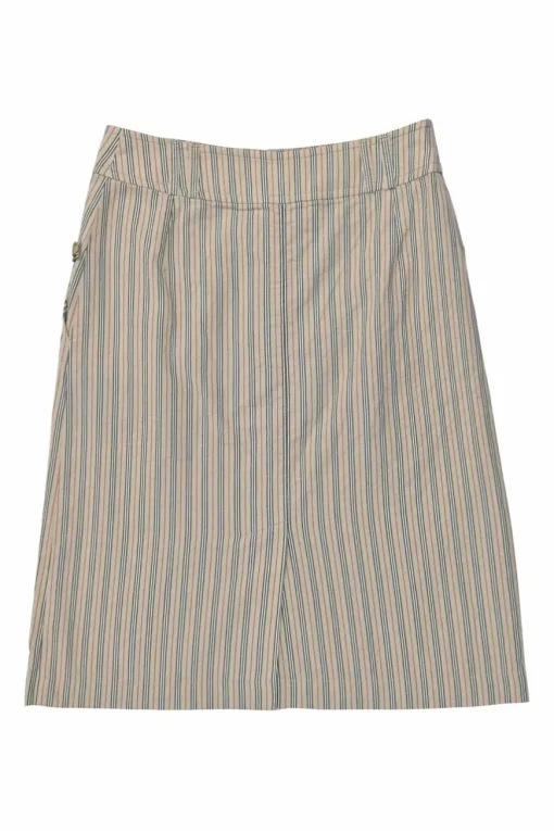 Khaki striped cotton A-line knee-length skirt with slit back