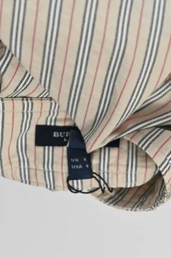 Khaki striped cotton A-line knee-length skirt with slit back