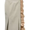 Khaki virgin wool twill pleated midi skirt with cascading paillette accents