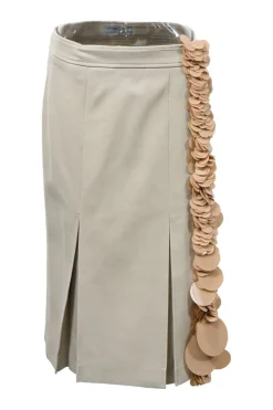 Khaki virgin wool twill pleated midi skirt with cascading paillette accents