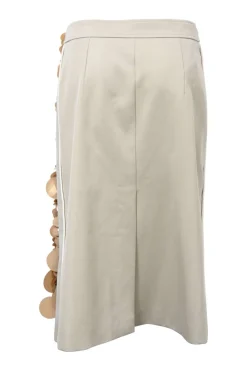 Khaki virgin wool twill pleated midi skirt with cascading paillette accents