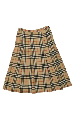 Khaki wool vintage check kick pleat skirt with concealed side zip fastening