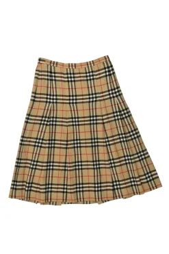 Khaki wool vintage check kick pleat skirt with concealed side zip fastening