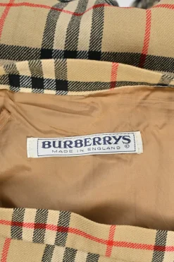 Khaki wool vintage check kick pleat skirt with concealed side zip fastening