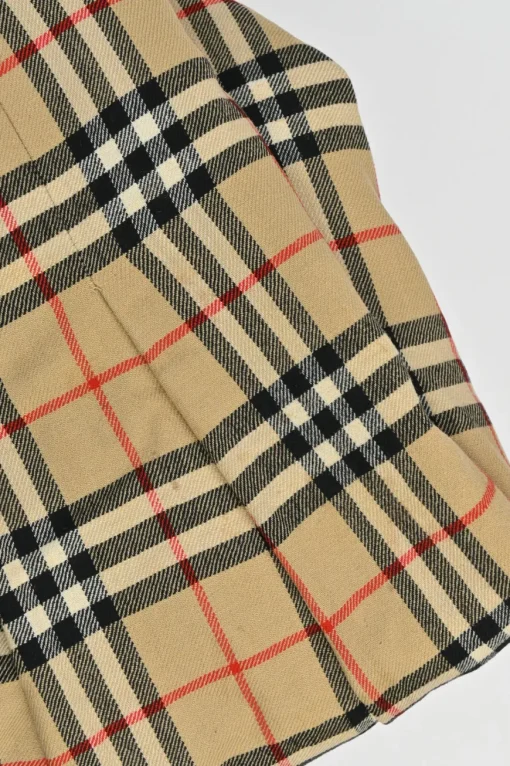 Khaki wool vintage check kick pleat skirt with concealed side zip fastening