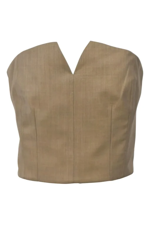 Khaki wool-silk blend mélange strapless bustier top