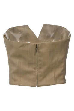 Khaki wool-silk blend mélange strapless bustier top
