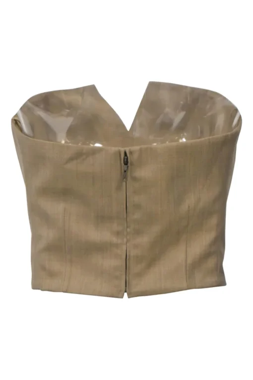 Khaki wool-silk blend mélange strapless bustier top