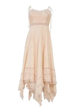 Lace-trimmed blush cotton Bowie pintuck scarf dress with beaded shoulder tie straps