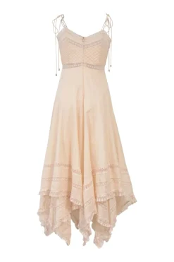 Lace-trimmed blush cotton Bowie pintuck scarf dress with beaded shoulder tie straps