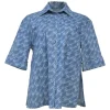 Laser-wash indigo cotton denim spread collar button-front half-sleeve shirt featuring allover brush logo motif