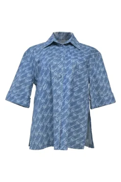 Laser-wash indigo cotton denim spread collar button-front half-sleeve shirt featuring allover brush logo motif