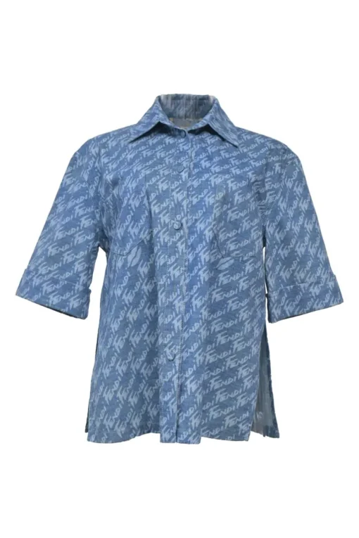 Laser-wash indigo cotton denim spread collar button-front half-sleeve shirt featuring allover brush logo motif