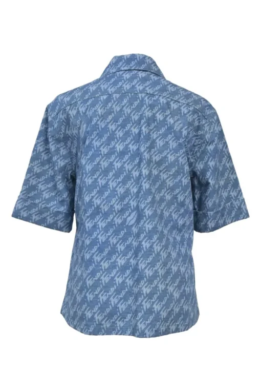 Laser-wash indigo cotton denim spread collar button-front half-sleeve shirt featuring allover brush logo motif