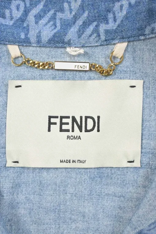 Laser-wash indigo cotton denim spread collar button-front half-sleeve shirt featuring allover brush logo motif