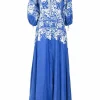 Life blue petit point style floral-embroidered linen blouson sleeve A-line maxi dress