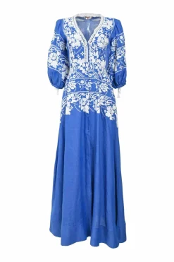 Life blue petit point style floral-embroidered linen blouson sleeve A-line maxi dress