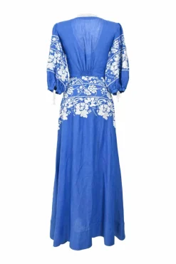 Life blue petit point style floral-embroidered linen blouson sleeve A-line maxi dress