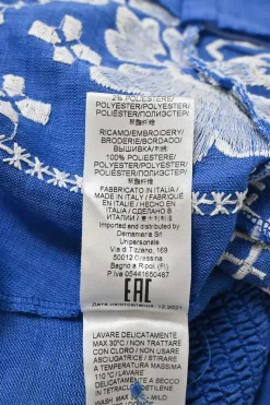 Life blue petit point style floral-embroidered linen blouson sleeve A-line maxi dress