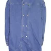 Light wash indigo cotton denim mock neck puff sleeve shift dress with back snap closure