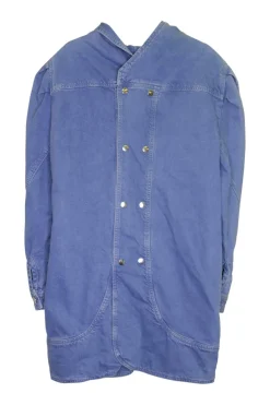 Light wash indigo cotton denim mock neck puff sleeve shift dress with back snap closure