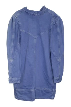 Light wash indigo cotton denim mock neck puff sleeve shift dress with back snap closure