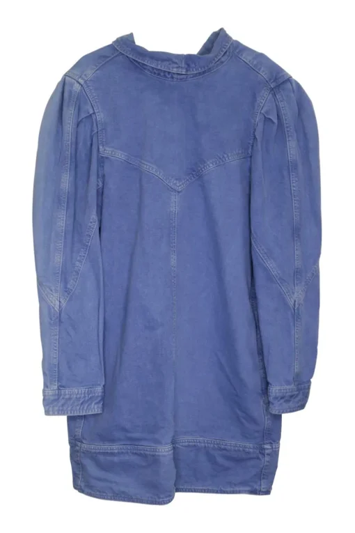 Light wash indigo cotton denim mock neck puff sleeve shift dress with back snap closure