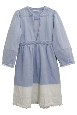 Lightwash dip-dyed indigo cotton denim pullover A-line mini dress with plunge neckline