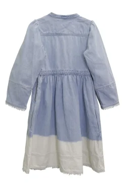 Lightwash dip-dyed indigo cotton denim pullover A-line mini dress with plunge neckline