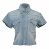 Light-wash indigo cotton denim point collar button-front cap sleeve cropped Western shirt