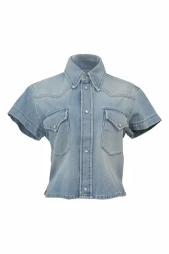 Light-wash indigo cotton denim point collar button-front cap sleeve cropped Western shirt