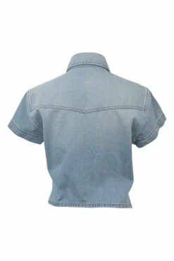 Light-wash indigo cotton denim point collar button-front cap sleeve cropped Western shirt