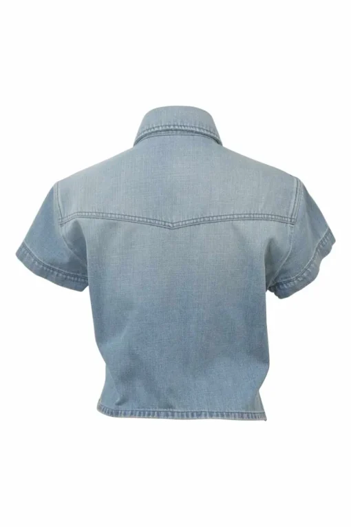 Light-wash indigo cotton denim point collar button-front cap sleeve cropped Western shirt