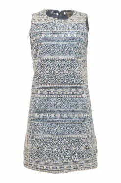 Light-wash indigo Rouleaux embroidered cotton denim sleeveless shift dress