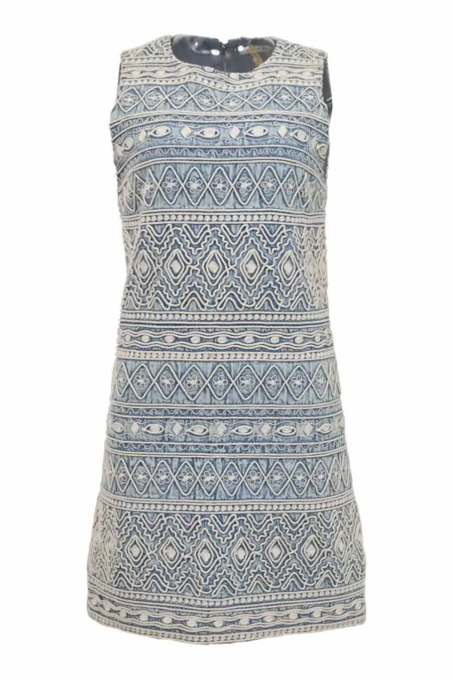 Light-wash indigo Rouleaux embroidered cotton denim sleeveless shift dress