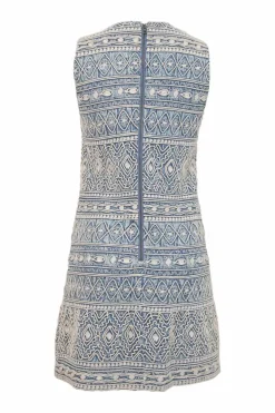 Light-wash indigo Rouleaux embroidered cotton denim sleeveless shift dress
