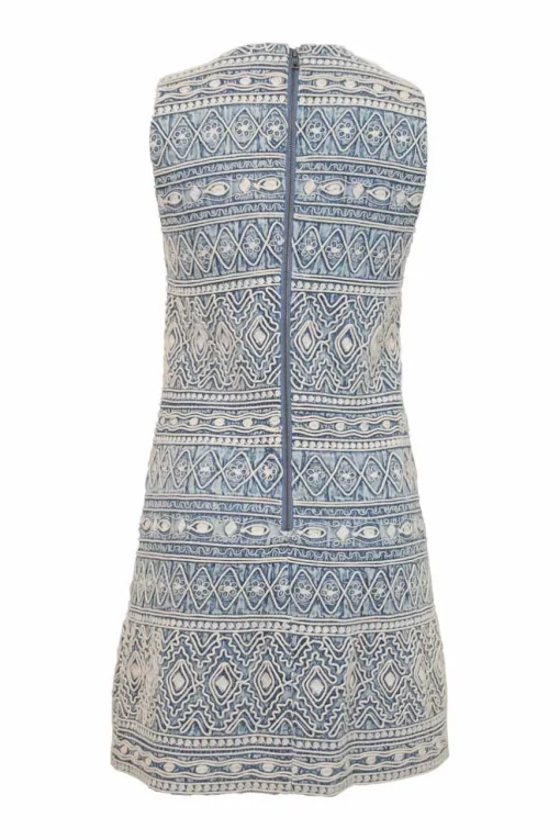 Light-wash indigo Rouleaux embroidered cotton denim sleeveless shift dress