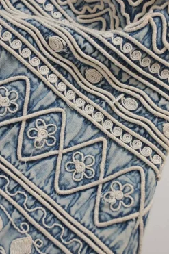 Light-wash indigo Rouleaux embroidered cotton denim sleeveless shift dress