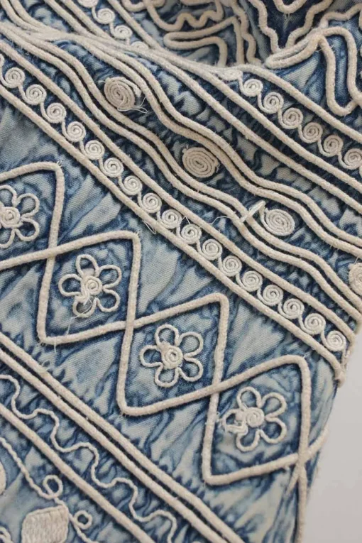 Light-wash indigo Rouleaux embroidered cotton denim sleeveless shift dress