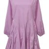 Lilac balloon sleeve mini shift dress with keyhole back and godet skirt inserts