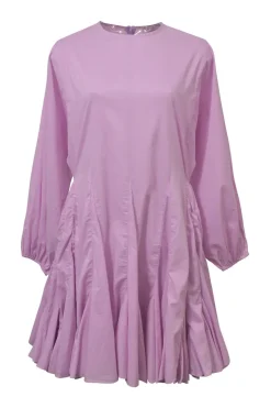 Lilac balloon sleeve mini shift dress with keyhole back and godet skirt inserts
