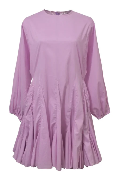 Lilac balloon sleeve mini shift dress with keyhole back and godet skirt inserts