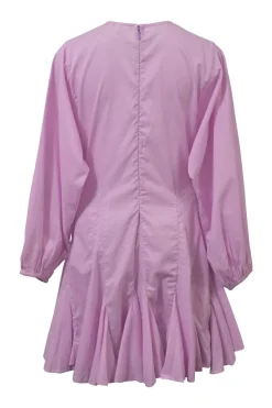 Lilac balloon sleeve mini shift dress with keyhole back and godet skirt inserts