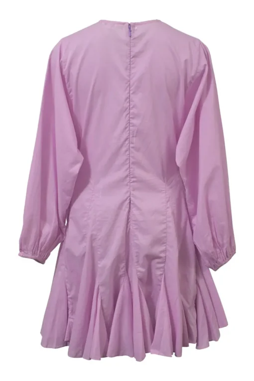 Lilac balloon sleeve mini shift dress with keyhole back and godet skirt inserts