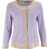 Lilac button up knit cardigan with beige trim
